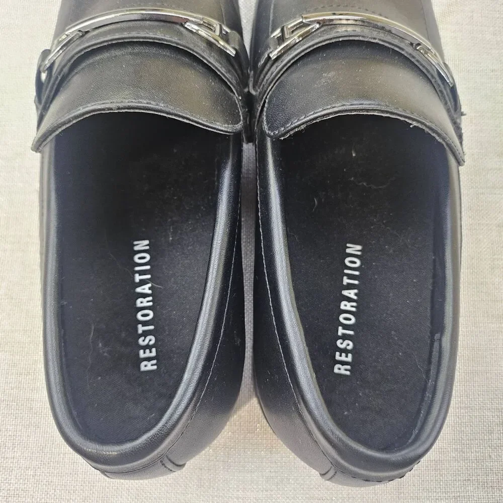 RESTORATION Classic Loafers Shoes Black Leather Metal Bit Square‎ Toe Mens 8